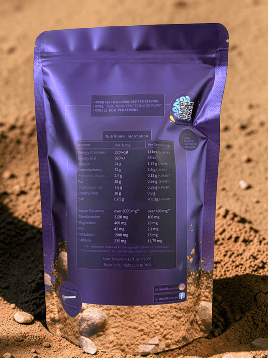 High Flavanol Cacao Powder packaging with nutritional information and details on flavanol content.
