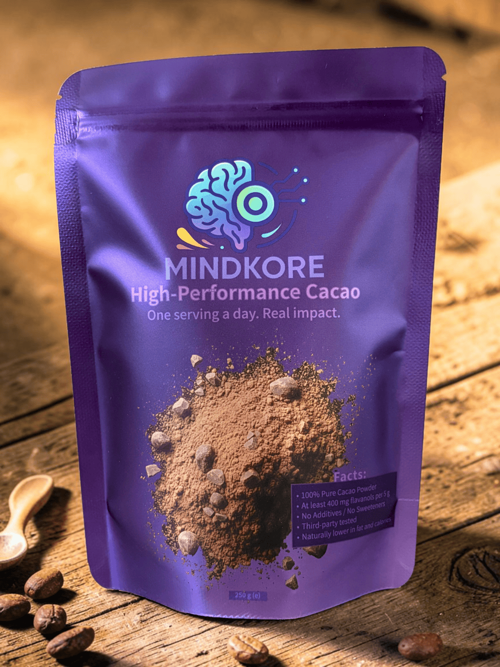 High Flavanol Cacao Powder [CORE] pack, 250 grams of cacao showing the front on a wooden chocolate covered table