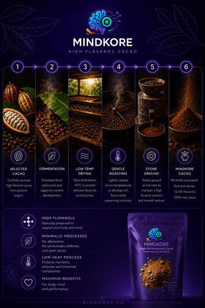 Mindkore high flavanol cacao powder infographic showing production process and benefits.