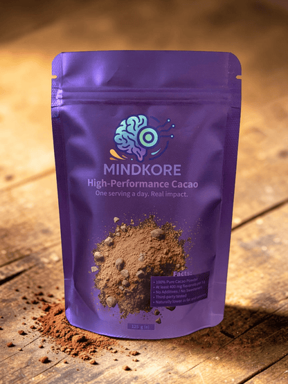 High Flavanol Cacao Powder [LITE] pack, 125 grams of cacao showing the front on a wooden chocolate covered table