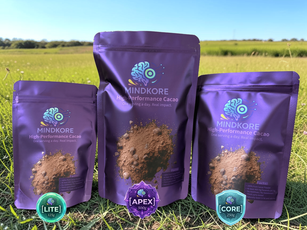 High flavanol cacao powder packaging displayed in a field, featuring Lite, Apex, and Core variants.